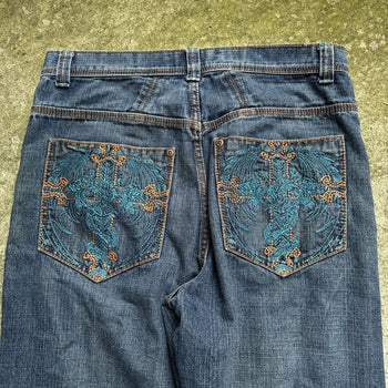 2000s Y2K BAGGY DRAGON CROSS FLAME DENIM SKATER JEANS