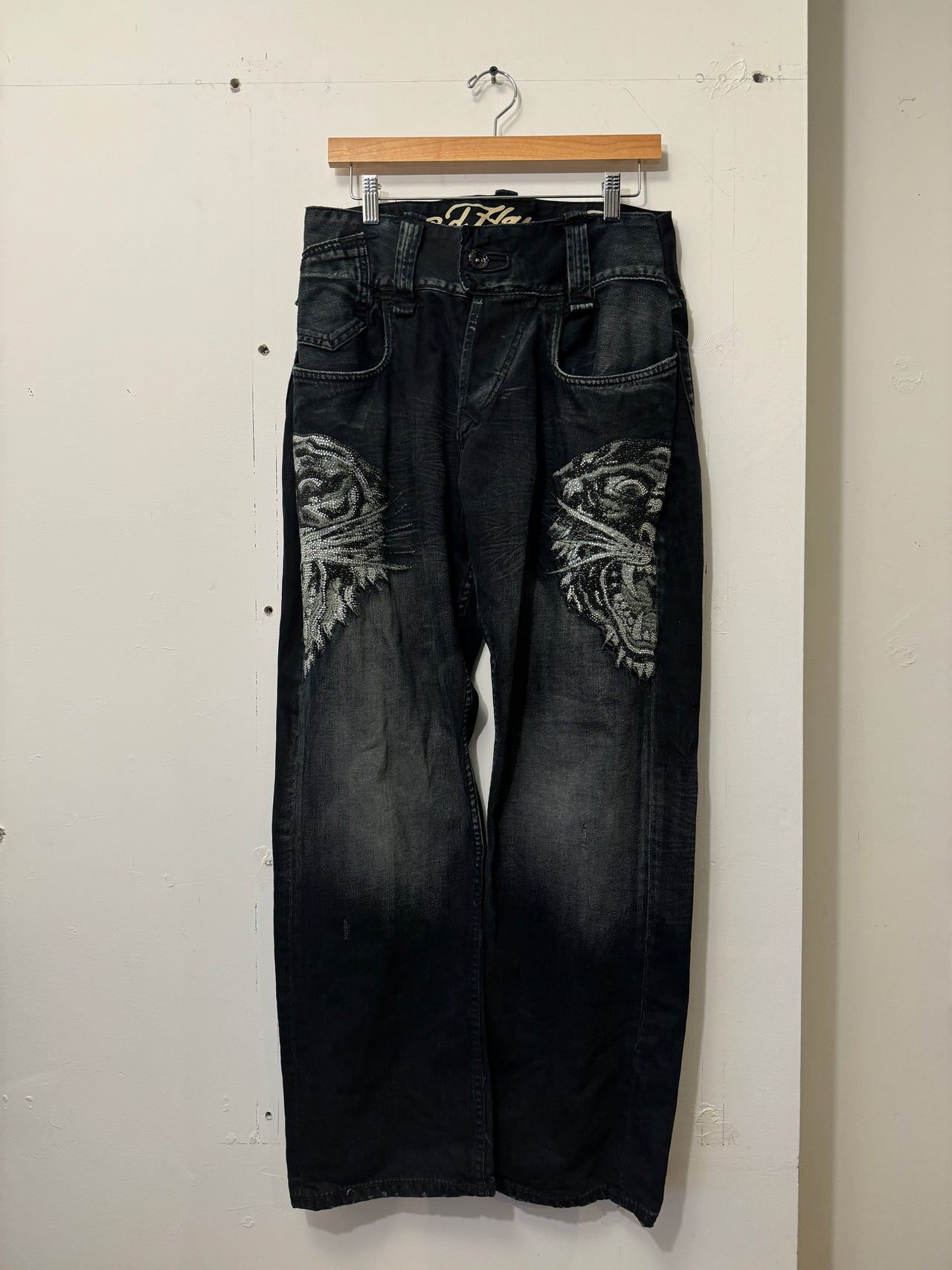 Y2K ED HARDY RHINESTONE TIGER BLACK DENIM JEANS