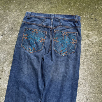 2000s Y2K BAGGY DRAGON CROSS FLAME DENIM SKATER JEANS