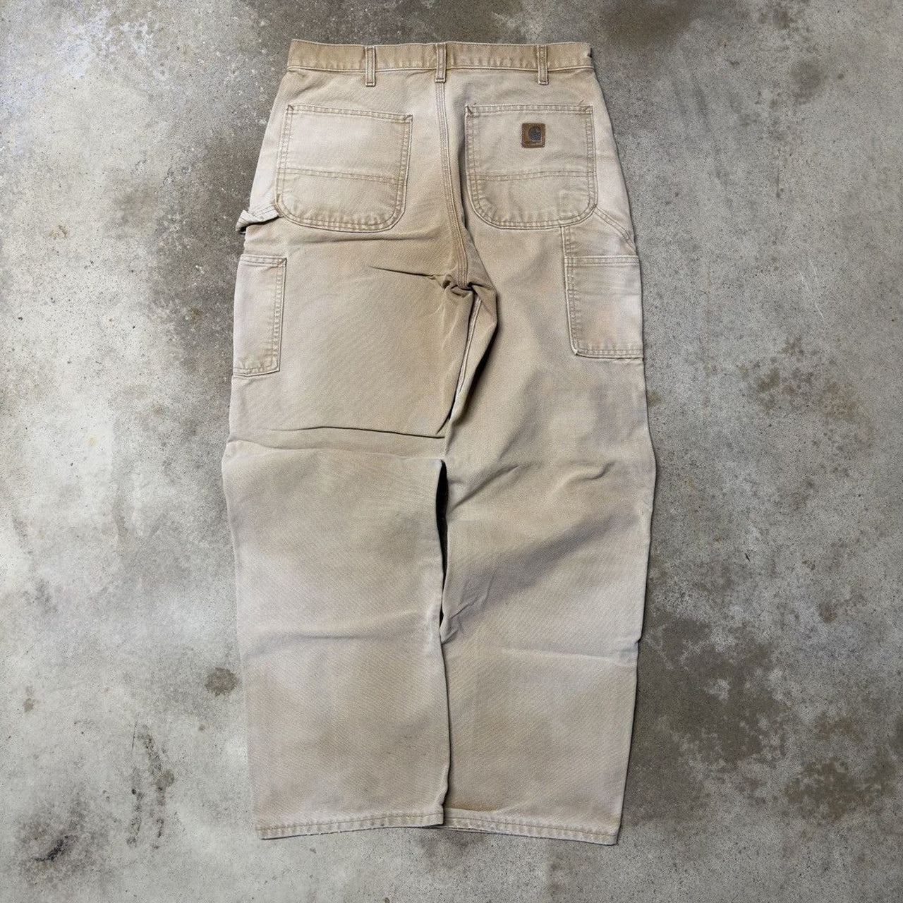 VINTAGE CARHARTT THRASHED FADED TAN DENIM DOUBLE KNEE PANTS