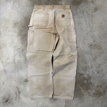 VINTAGE CARHARTT THRASHED FADED TAN DENIM DOUBLE KNEE PANTS