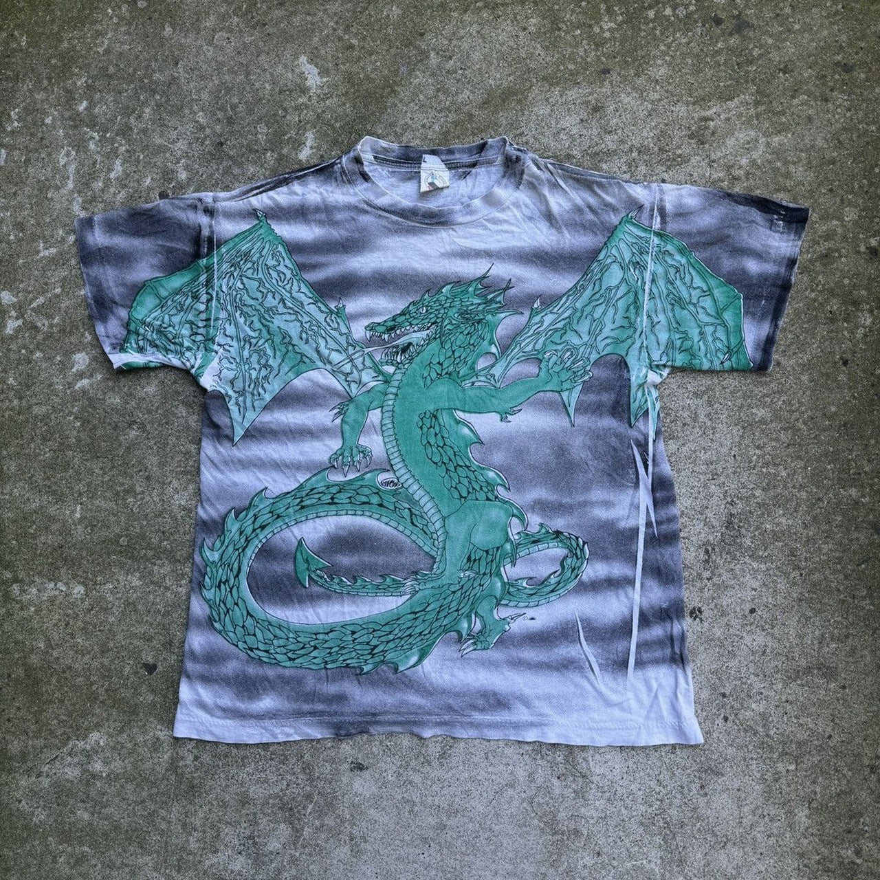 1990s DRAGON SKETCH FADED AOP TEE