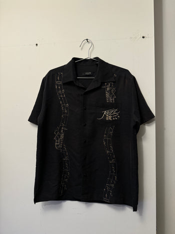 2000s JAZZ EMBROIDERED MUSIC NOTES CAMP COLLAR SHIRT