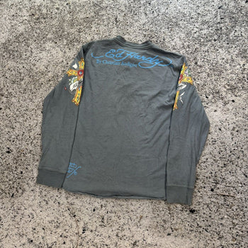 2000s Ed Hardy Faded Ghost Skull Rhinestone Henley Shirt