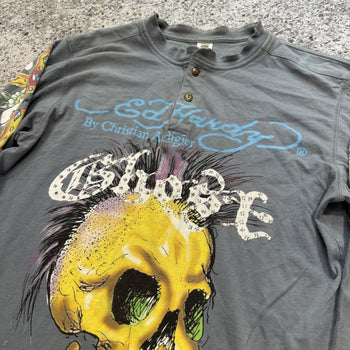 2000s Ed Hardy Faded Ghost Skull Rhinestone Henley Shirt