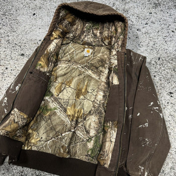 CARHARTT PAINT SPLATTERED FADED REALTREE CAMO LINED HOODED WORK JACKET