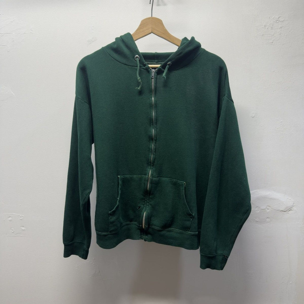 Vintage 1980s Made in USA Faded Distressed Blank Green Zip Hoodie