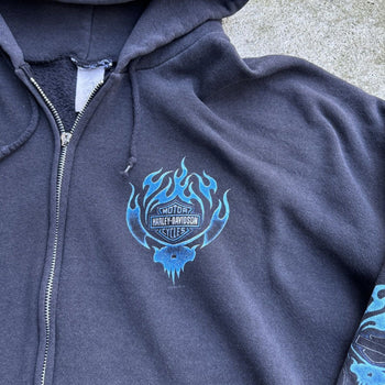 2000s HARLEY DAVIDSON FADED BLUE SKULL FLAME ZIP UP HOODIE