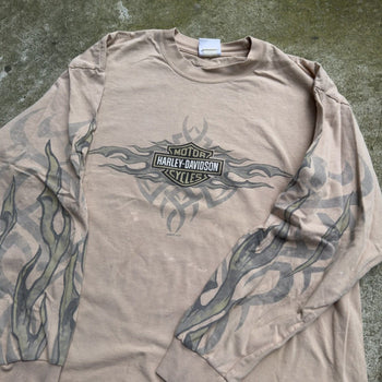 2000S FADED HARLEY DAVIDSON TAN FLAME LOGO LONGSLEEVE TEE