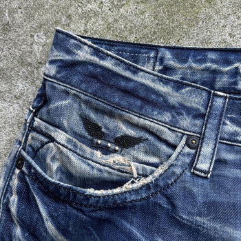 ROBIN'S JEANS STUDDED FLAP DISTRESSED WASHED DENIM JEANS