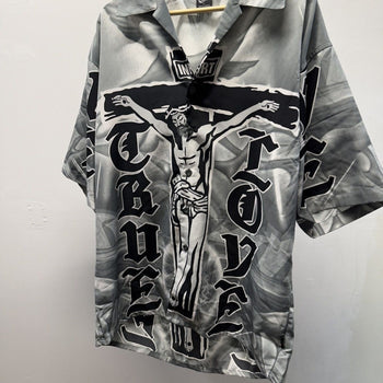 Vintage 2000s Jesus True Love Crucifix Camp Collar Shirt