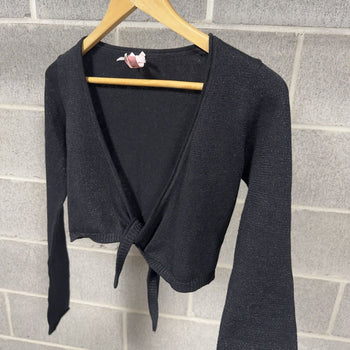 1990s Women's Metallic Cropped Tie Longsleeve Blouse Sweater