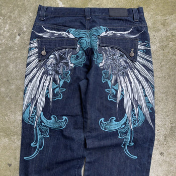 2000S Y2K RAW BLUE BAGGY CYBER WING DENIM SEQUIN JEANS