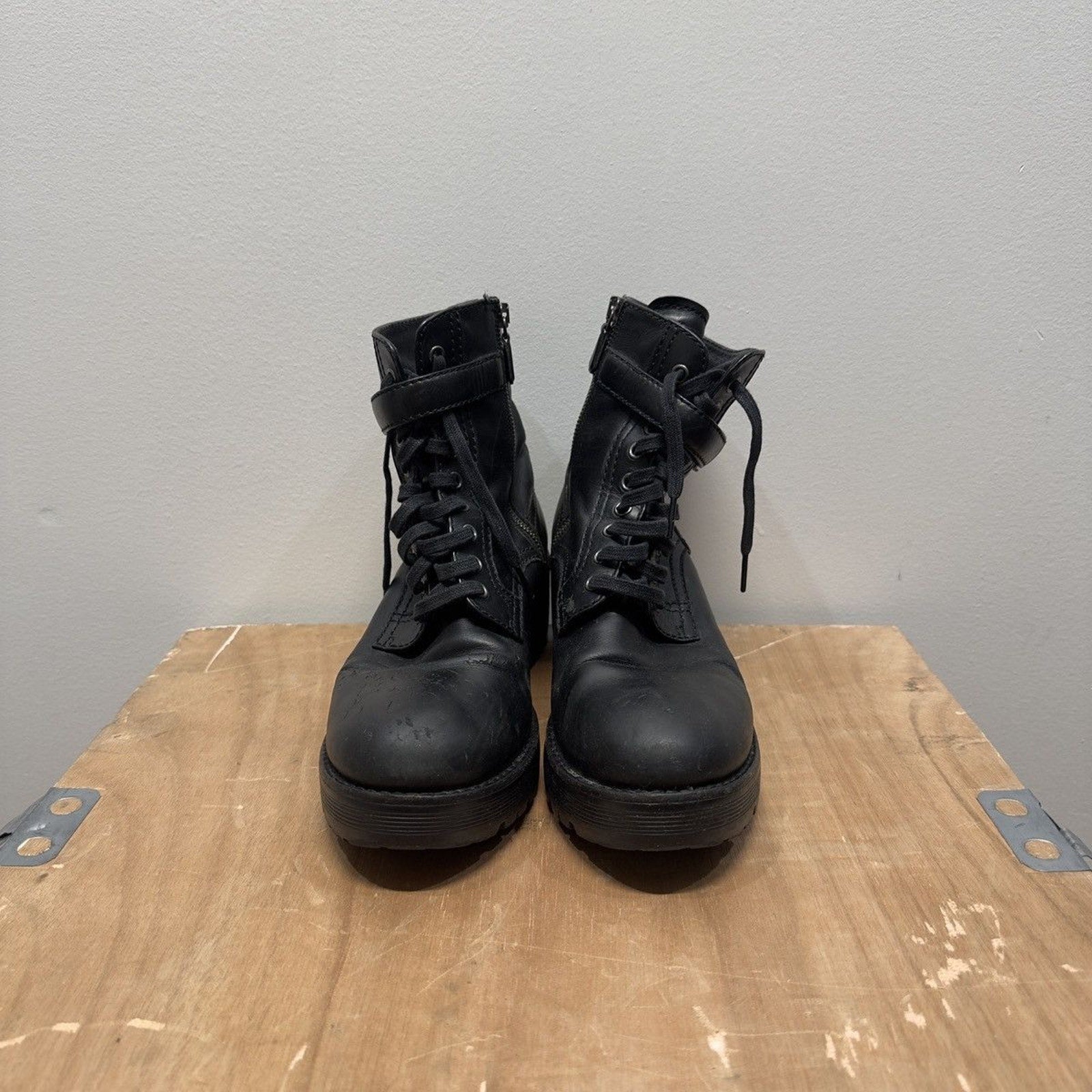 2000s Prada Sport Linea Rossa Leather Buckle Combat Boots Distressed