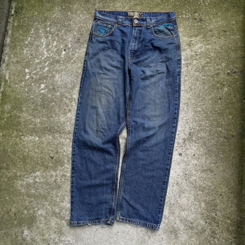 2000s Y2K BAGGY DRAGON CROSS FLAME DENIM SKATER JEANS