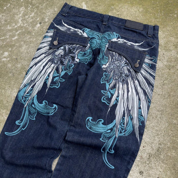 2000S Y2K RAW BLUE BAGGY CYBER WING DENIM SEQUIN JEANS