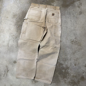 VINTAGE CARHARTT THRASHED FADED TAN DENIM DOUBLE KNEE PANTS