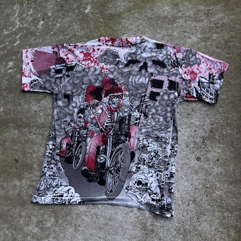 1990S SKELETON BIKER FLAME ALL OVER PRINT TEE