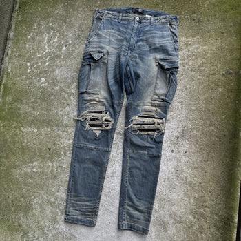 AMIRI MX1 MUD DENIM CARGO LEATHER PATCH DISTRESSED JEANS