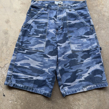 2000s Y2K BLUE CAMO BAGGY SKATER DENIM JEAN SHORTS JORTS