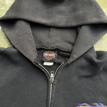 1990s HARLEY DAVIDSON FADED BLUE ORANGE FLAMES ZIP UP HOODIE