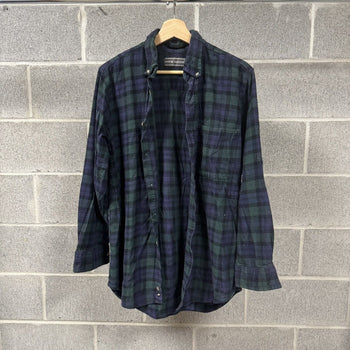 1990s Blue Green Plaid Grunge Flannel Shirt