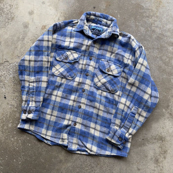 1990S/2000S Y2K BLUE PLAID SURF WOOL FLANNEL BUTTON UP SHIRT M