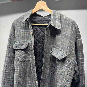 1990s Faded Distressed Quilted Plaid Grunge Flannel Shirt Jacket