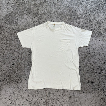 1970年代風の薄紙シングルステッチポケットTシャツ