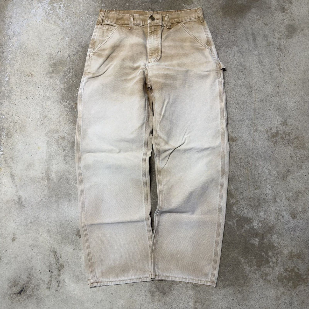 VINTAGE CARHARTT THRASHED FADED TAN DENIM DOUBLE KNEE PANTS