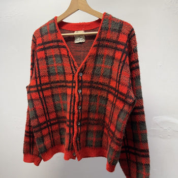 Vintage 1960s Red Plaid Acrylic Cardigan Sweater