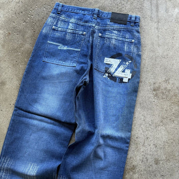 2000S Y2K KOMANI BAGGY FLARE DENIM GRAFFITI SKATER JEANS