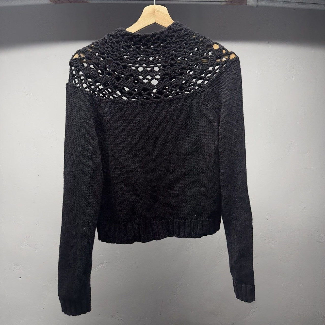 1990s Women's Crochet Yoke Knit Lace Mock Neck Zip Sweater