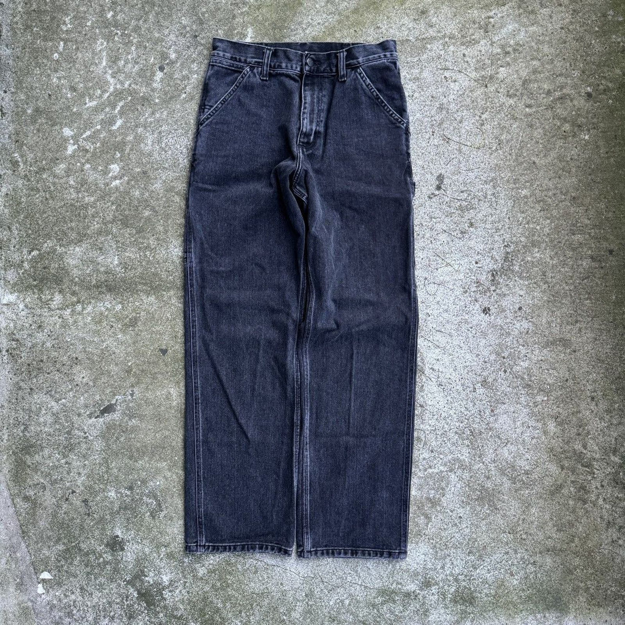 CARHARTT FADED THRASHED BLACK DENIM CARPENTER PANTS