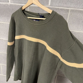 1990s Striped Green Ribbed Longsleeve Thermal Shirt
