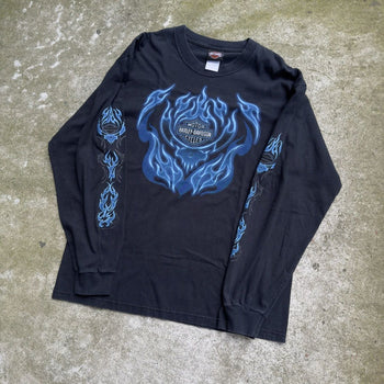 2000S HARLEY DAVIDSON BLUE SKULL FLAME LONGSLEEVE TEE