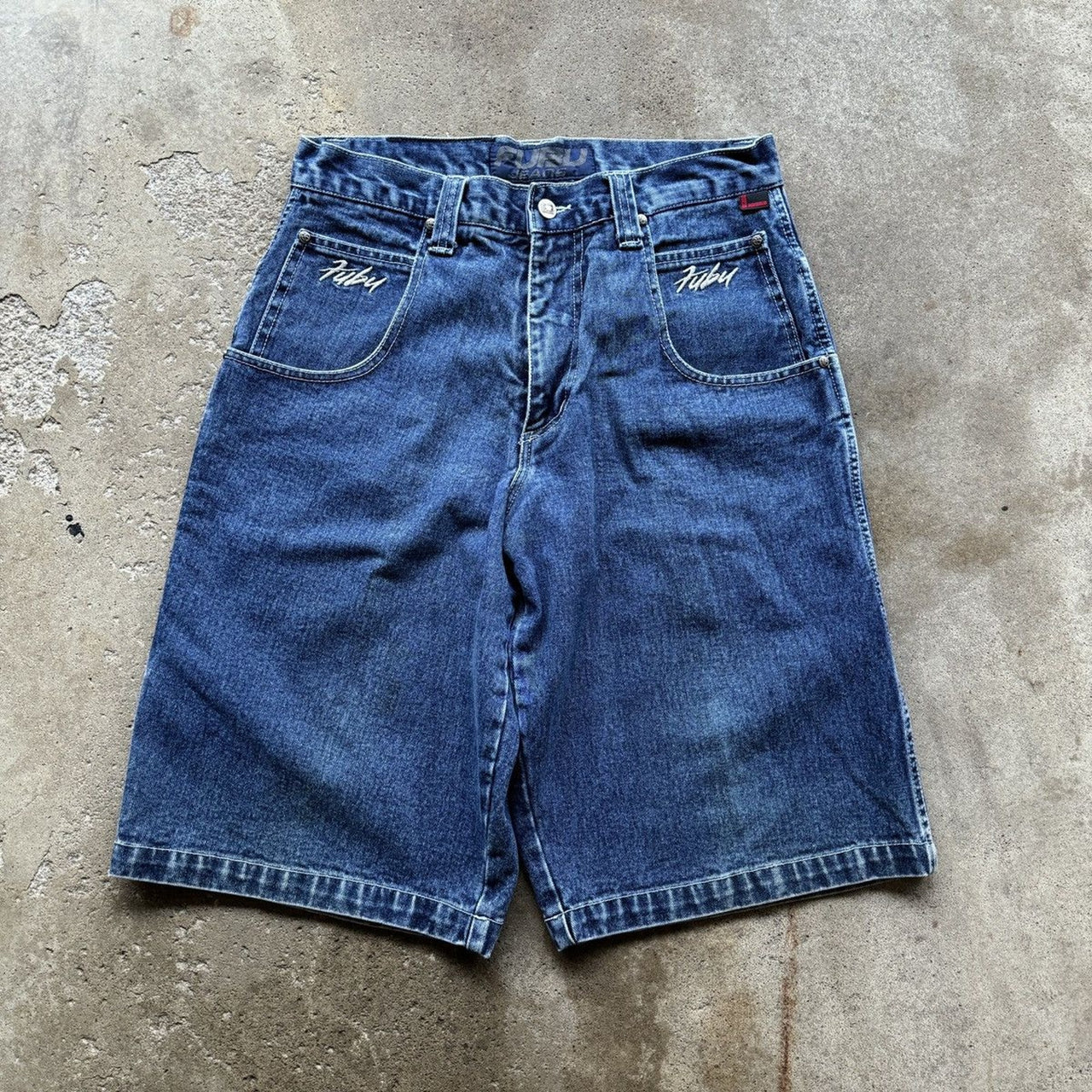 1990S/2000S Y2K FUBU GRAFFITI LOGO FADED DENIM JEAN SHORTS JORTS