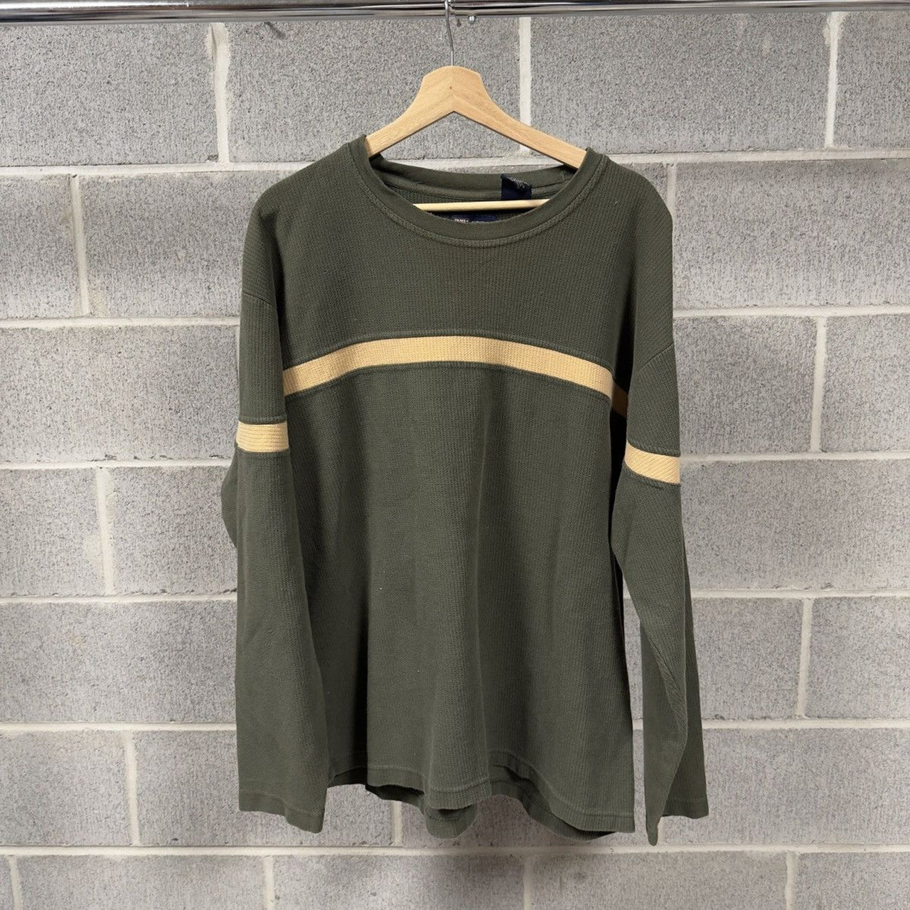 1990s Striped Green Ribbed Longsleeve Thermal Shirt
