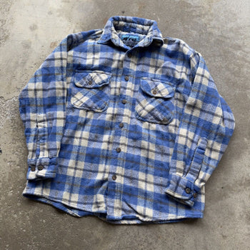 1990S/2000S Y2K BLUE PLAID SURF WOOL FLANNEL BUTTON UP SHIRT M