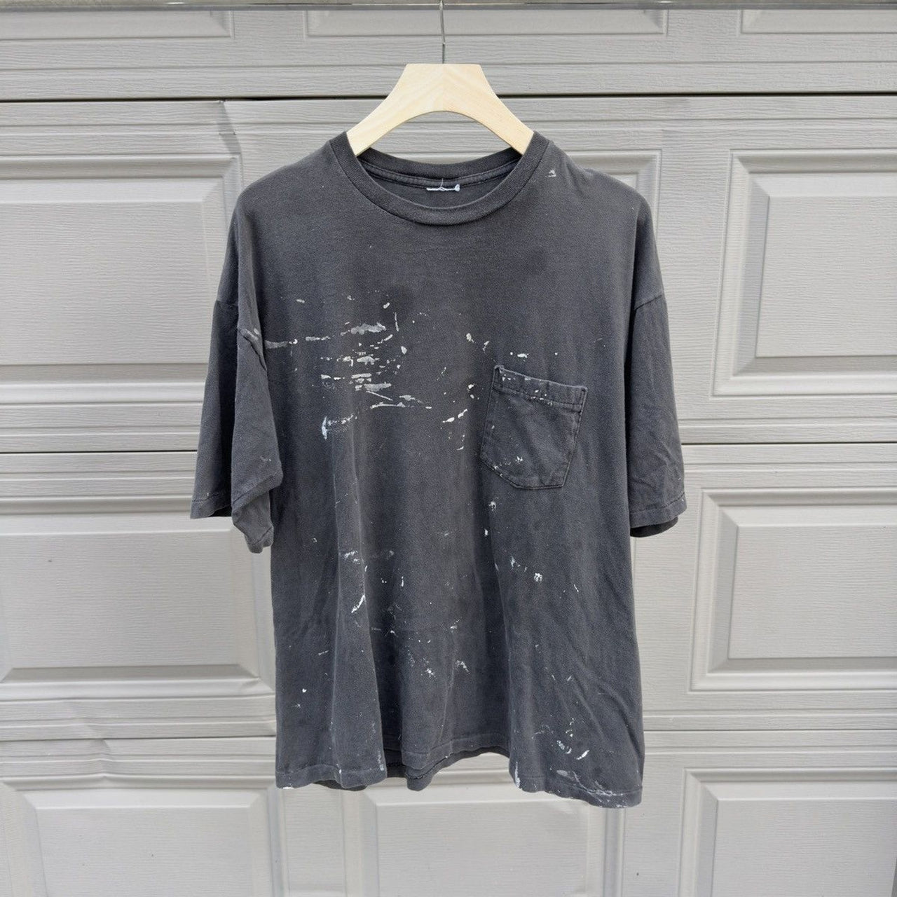 1990s Faded Black Thrashed Stained Painted Pocket Tee