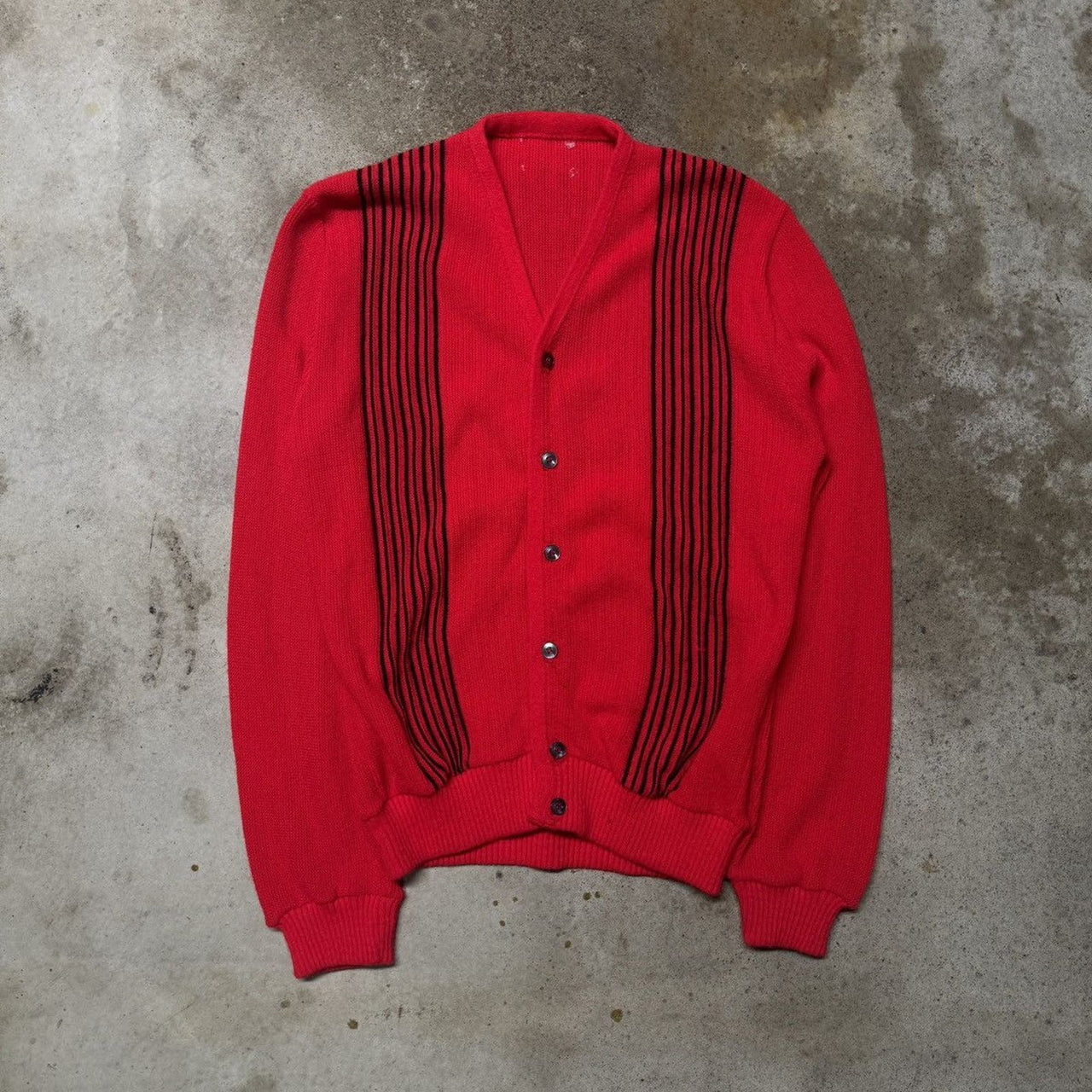 1960s 1970s RED STRIPED MOD STYLE ACRYLIC CARDIGAN SWEATER