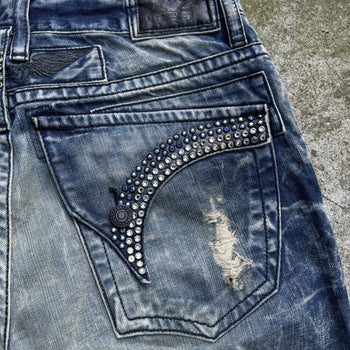 ROBIN'S JEANS STUDDED FLAP DISTRESSED WASHED DENIM JEANS