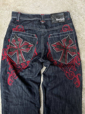 2000S SOUTHPOLE CROSS EMBROIDERED DENIM JEANS