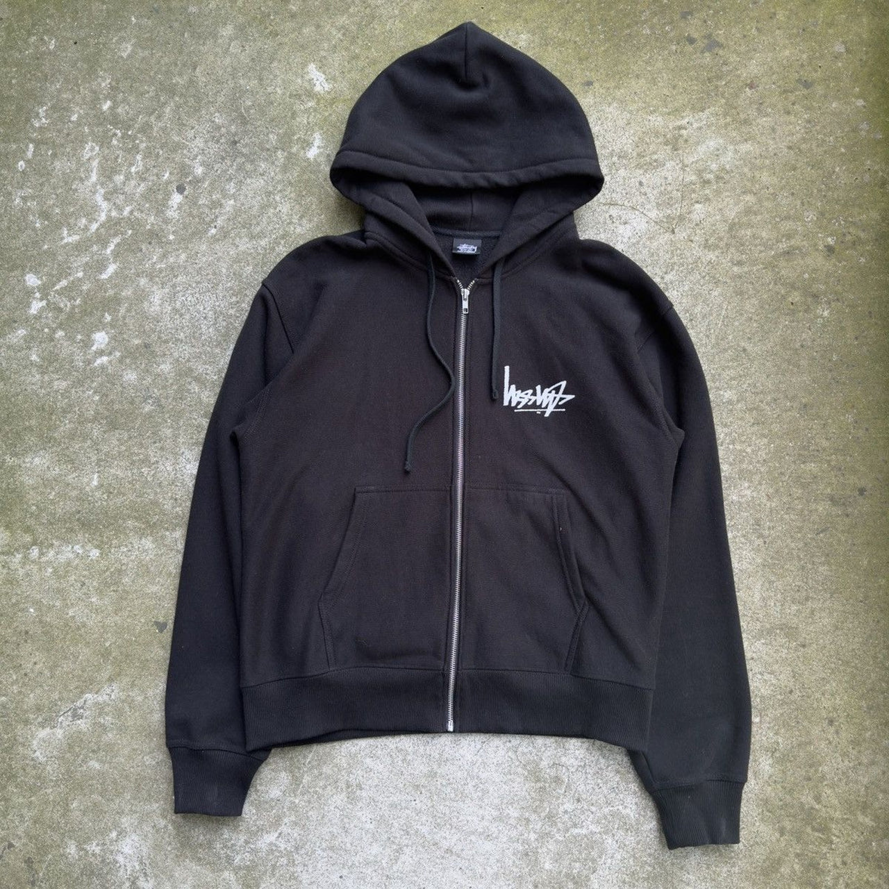 STUSSY FLIPPED LOGO ZIP UP HOODIE BLACK