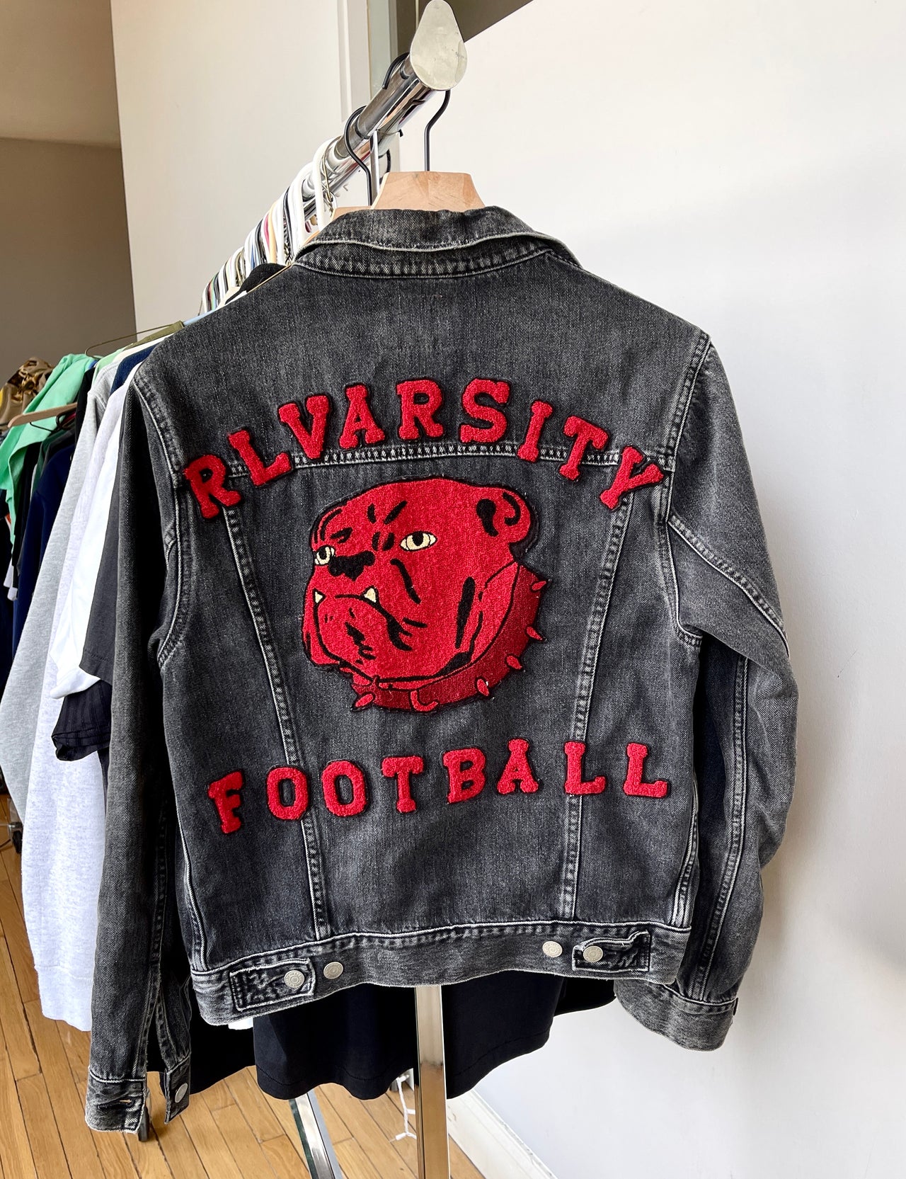 POLO RALPH LAUREN BULLDOG VARSITY FOOTBALL BLACK DENIM JACKET