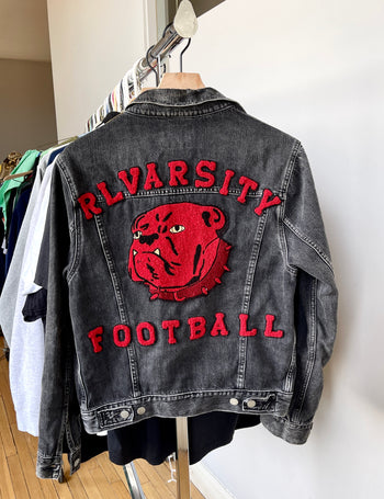 POLO RALPH LAUREN BULLDOG VARSITY FOOTBALL BLACK DENIM JACKET