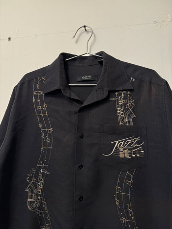 2000s JAZZ EMBROIDERED MUSIC NOTES CAMP COLLAR SHIRT