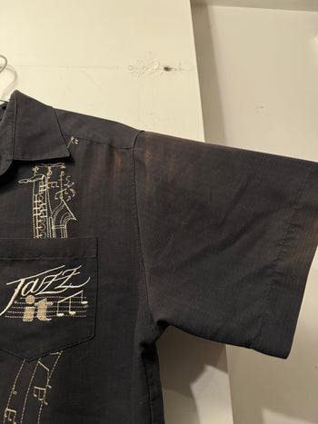 2000s JAZZ EMBROIDERED MUSIC NOTES CAMP COLLAR SHIRT