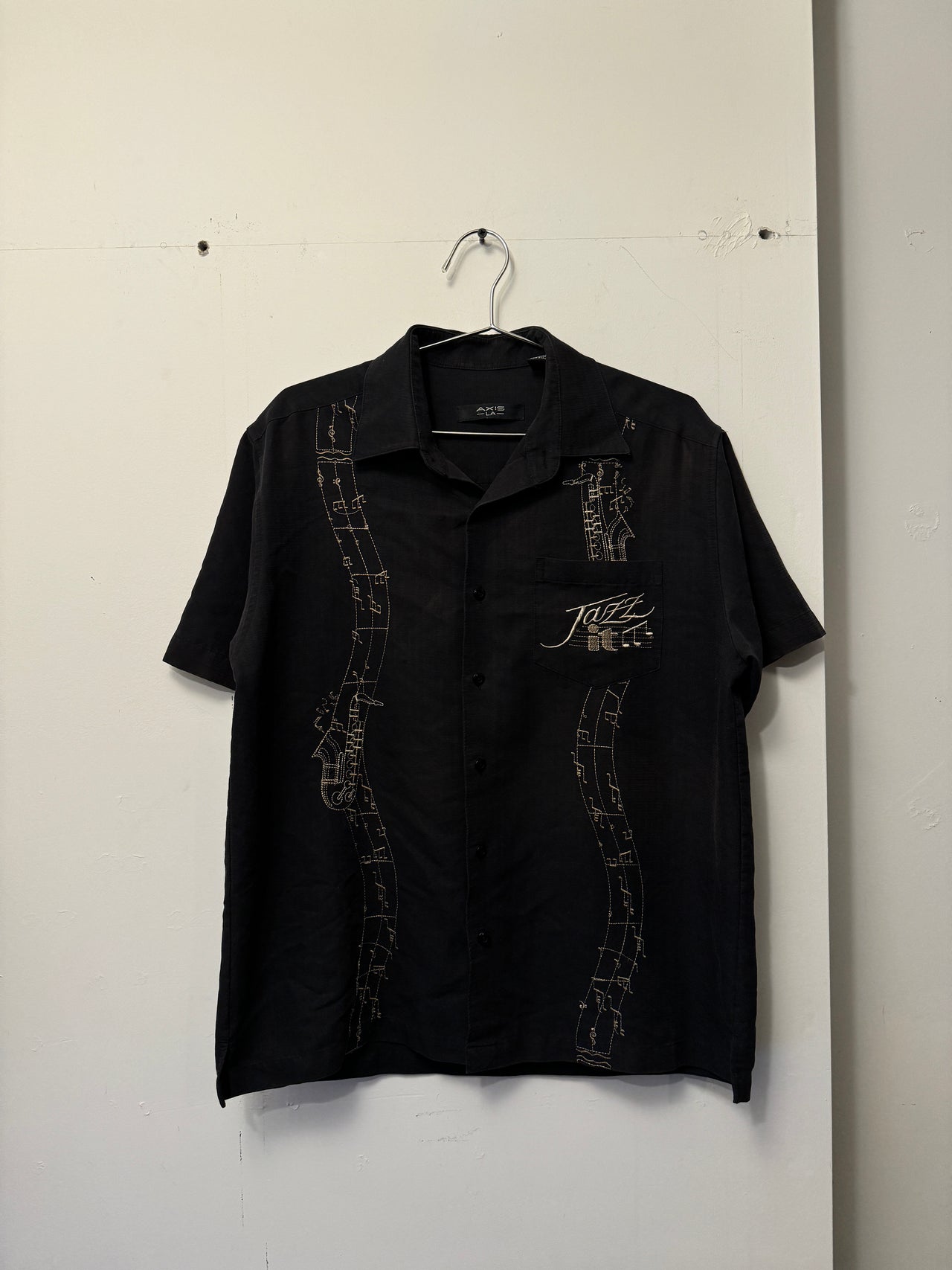 2000s JAZZ EMBROIDERED MUSIC NOTES CAMP COLLAR SHIRT