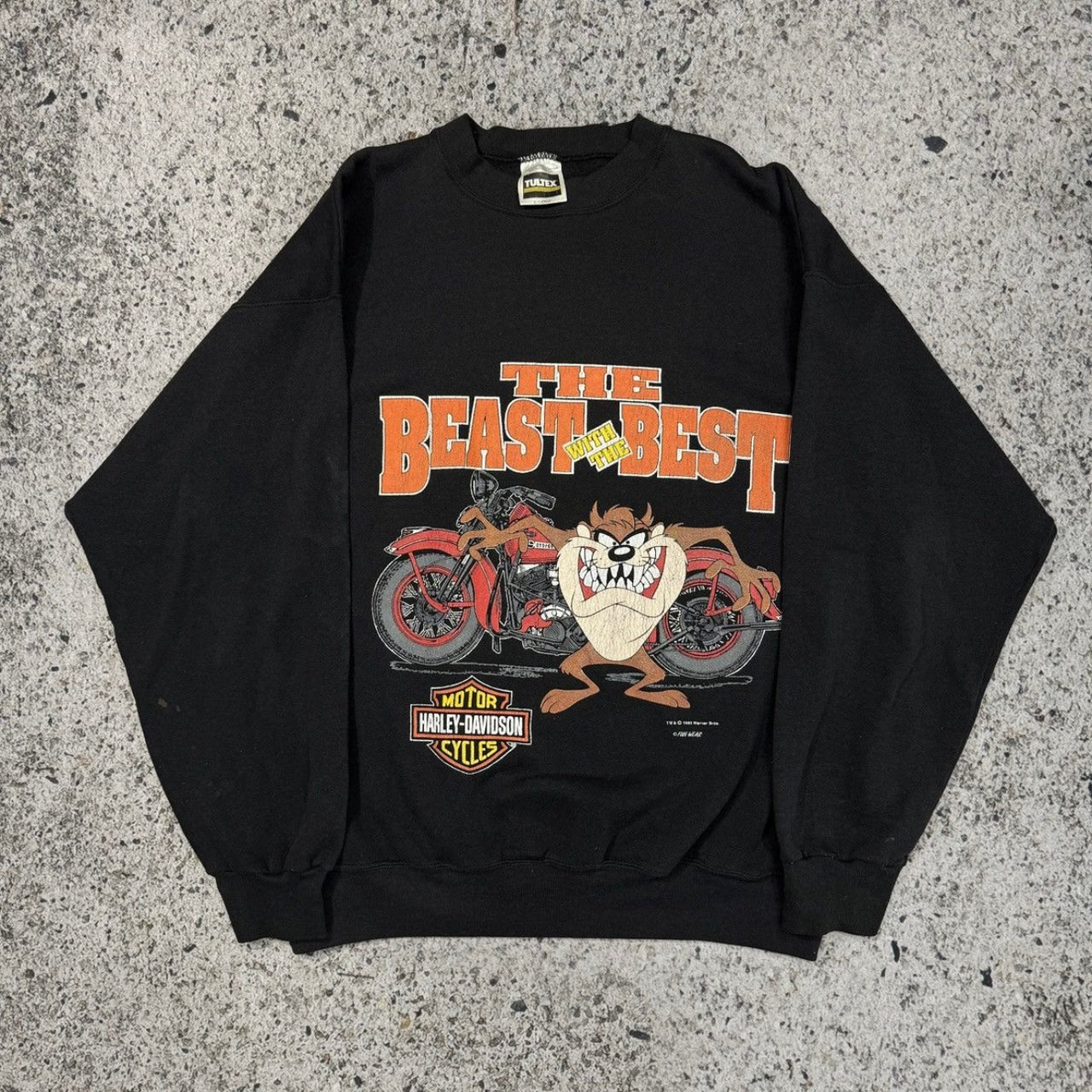 Sudadera con cuello redondo de Taz The Beast descolorida de Harley Davidson de los años 90